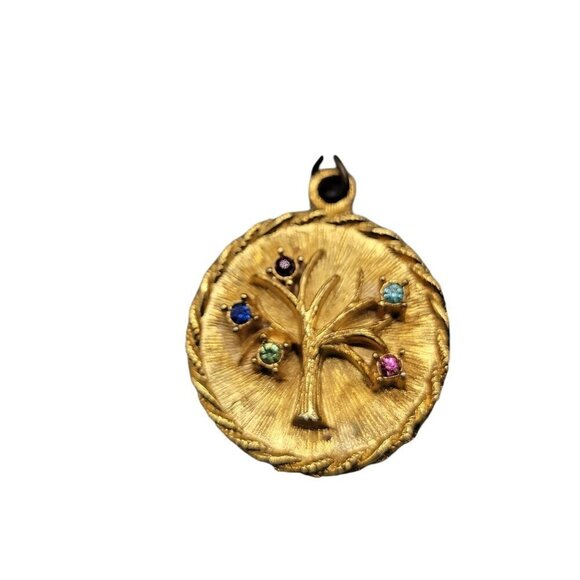 Rhinestone Tree Pendant Gold Tone Multicolor Stones Roped Frame - Picture 3 of 6